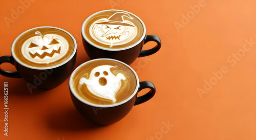 Halloween themed latte art featuring ghost, pumpkin, and witch in three coffee cups on orange background with copy space.