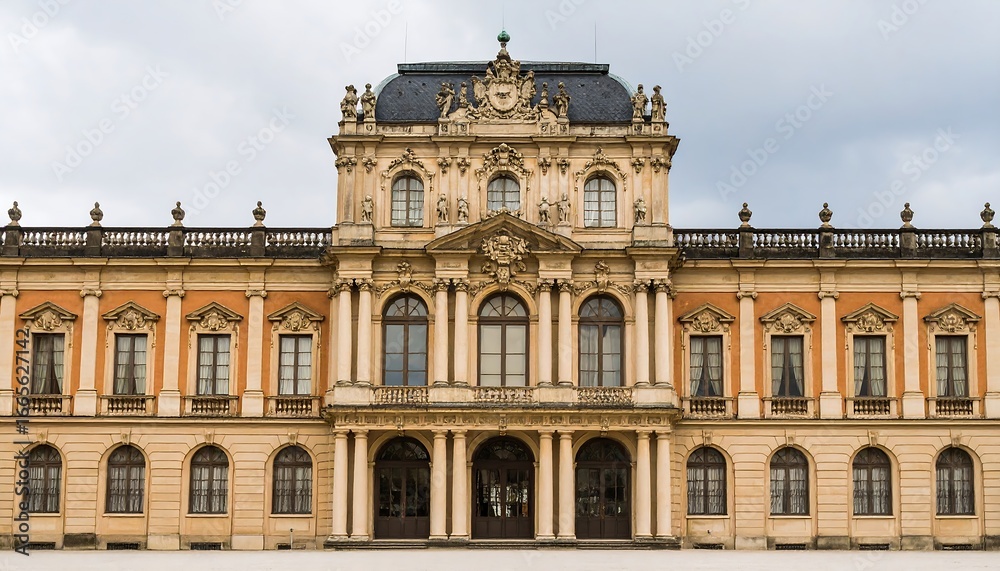Fototapeta premium A grand architectural facade of a historical palace, showcasing intricate details and symmetrical design.