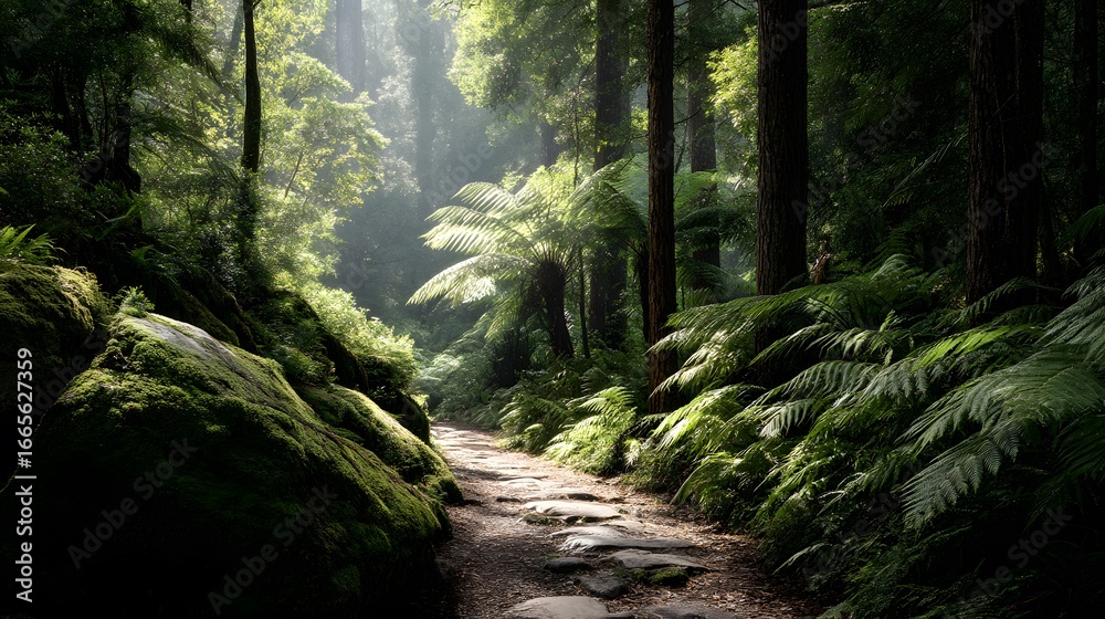 Fototapeta premium A lush rainforest trail bordered by giant ferns and moss-covered rocks