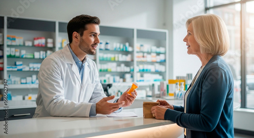 Pharmacist Consulting with a Customer at a Pharmacy