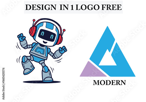 Little robot dancing with headphones – playful vector art, white background in 1 logo design free