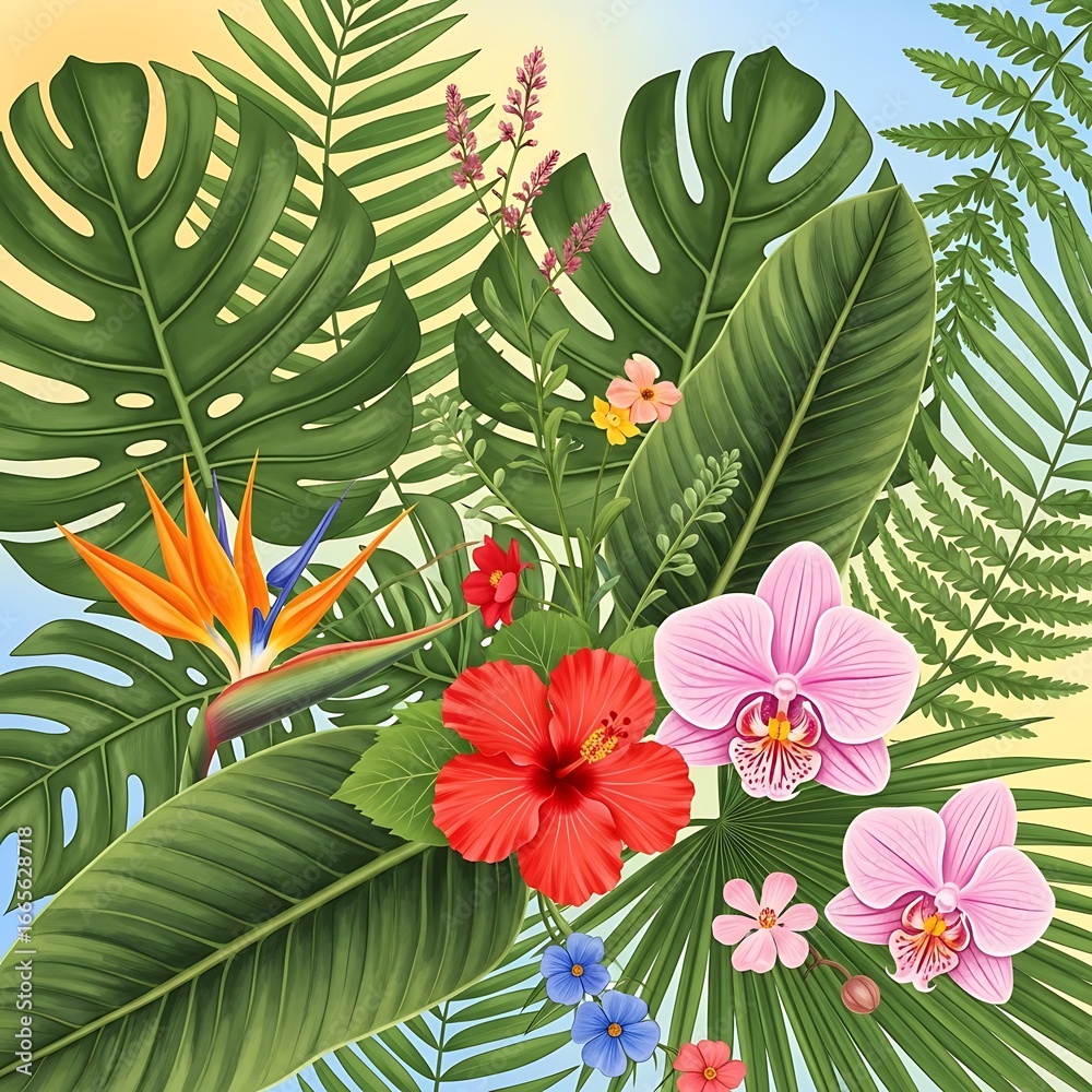 Naklejka premium Tropical plant arrangement, vibrant colors