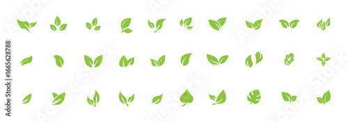 Set Minimalist Green leaf icon symbolizing nature, eco-friendly lifestyle, sustainability, organic products, wellness, and natural growth. Perfect for branding, logos, apps, and eco designs. Eps 10