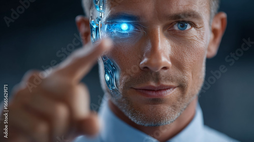 Digital Innovation: A close-up shot of a futuristic cyborg eye. Artificial intelligence, technology and the concept of transhumanism