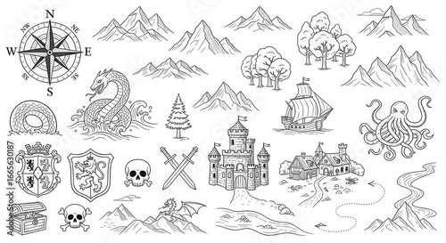 Monochrome Lineart Fantasy Elements Composition for Map Design and Storytelling