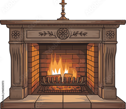 Hand-Drawn Wooden Fireplace Sketch Classic Mantel and Burning Flames Vector Artwork