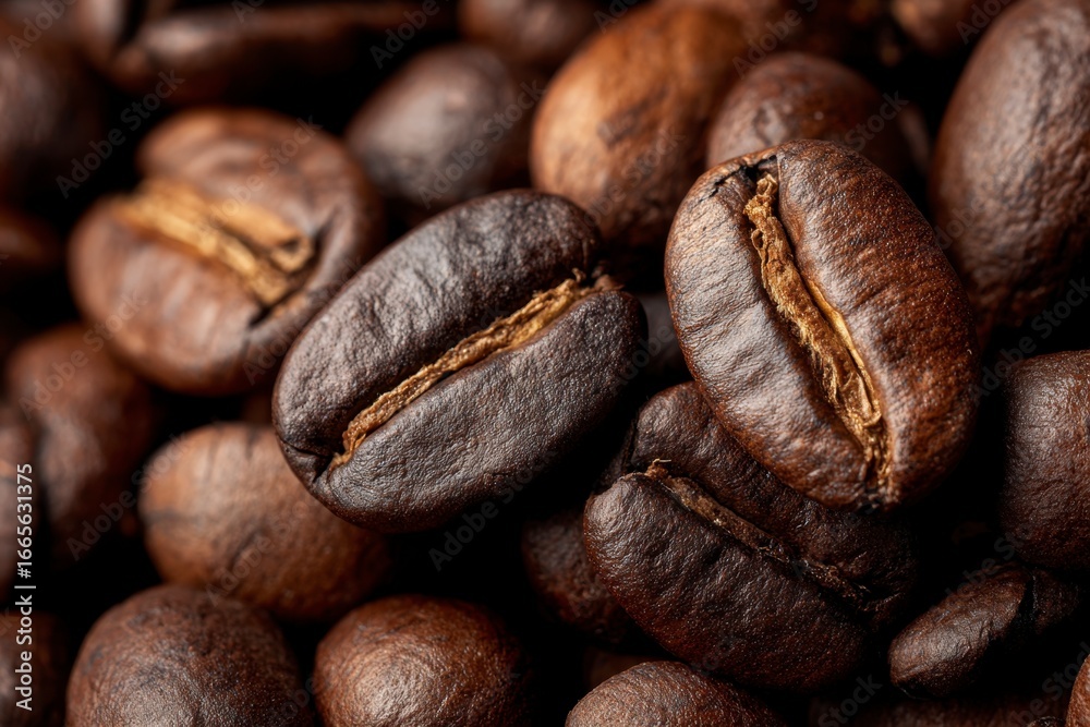 Fototapeta premium A closeup showcases a cluster of dark brown coffee beans highlighting their textures and subtle color variations