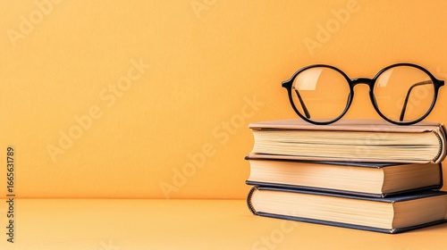 Vintage Books and Round Eyeglasses on Orange Background