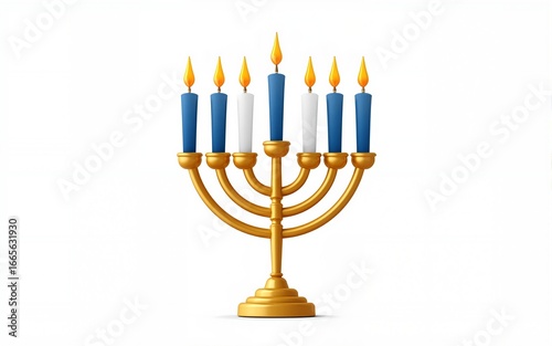 🕯️ Stock Title (120 characters max): Golden Hanukkah Menorah with Lit Blue and White Candles — Traditional Symbol for Festival of Lights and Jewish Heritage, transparent background