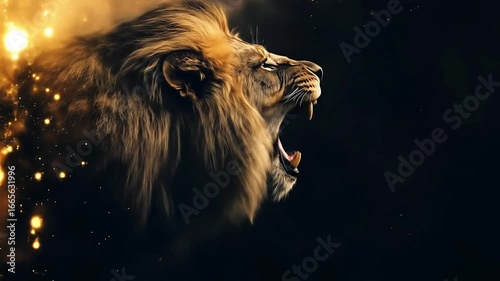 Roaring lion with fiery mane against a dark backdrop