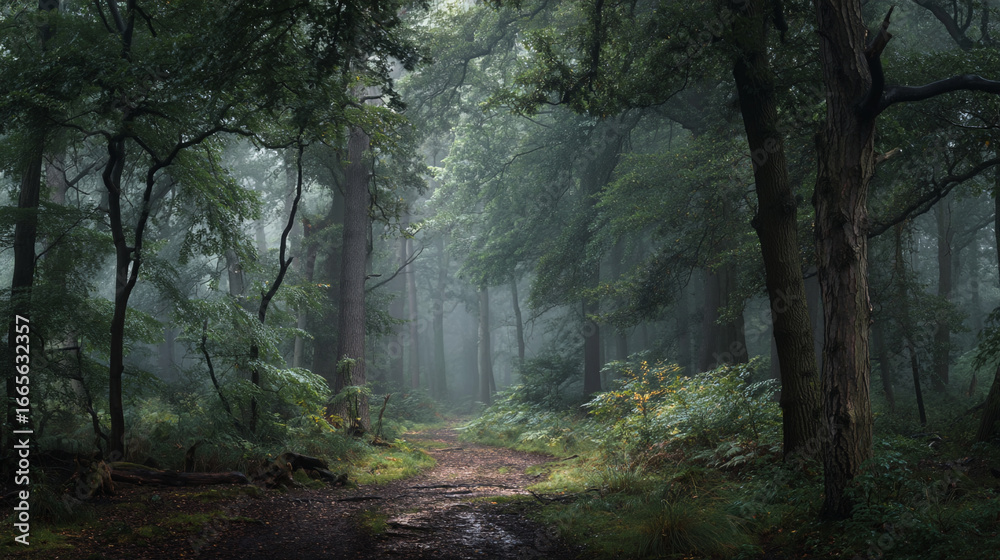 Naklejka premium A misty path winding through a dense forest with tall trees and lush green foliage all around it