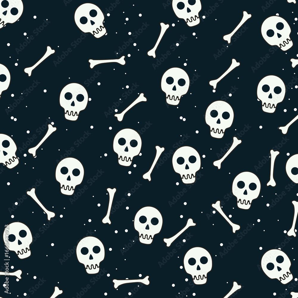 Fototapeta premium Halloween seamless pattern with cartoon skulls and bones on a dark background. Playful spooky design perfect for wrapping paper, textiles, wallpapers, party decor, and seasonal illustrations.