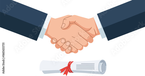 Business partners seal deal with handshake over diploma, symbolizing success