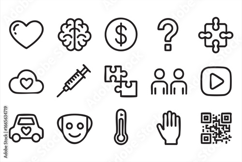 Medical and Lifestyle Line Icons – Syringe, People, Thermometer and Hand Symbols