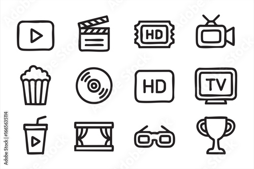 Cinema and Show Vector Icon Set – Popcorn, Stage, HD Ticket and TV Icons