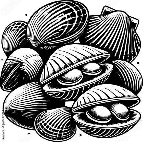 Illustration of a collection of various clams and scallops with detailed line work in black and white style