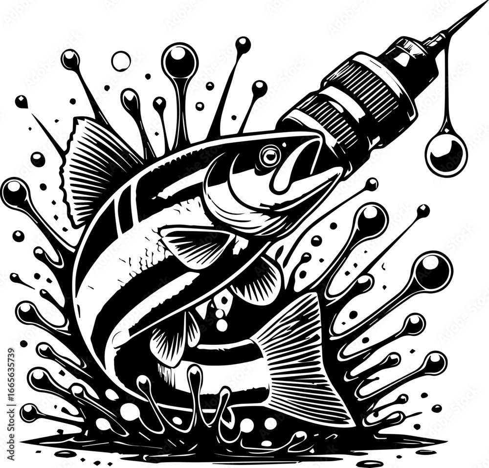Obraz premium Stylized black and white illustration of a fish with a syringe and water droplets design