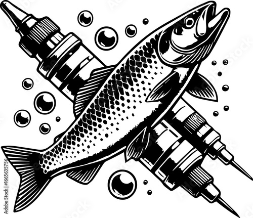 Detailed monochrome illustration of a fish crossed with two vape devices and bubble accents