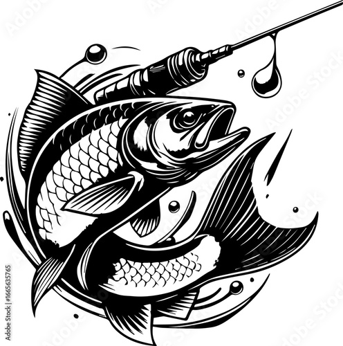 Detailed monochrome illustration of two fish with a fishing rod and water droplets design