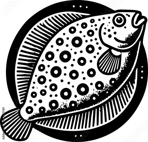 Illustration of a spotted flatfish on a striped platter with a thick black circular border design