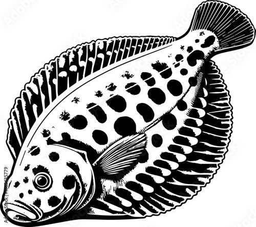 Detailed black and white illustration of a spotted flatfish with intricate fin details and texture