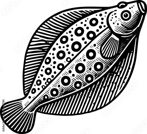 Detailed black and white drawing of a flatfish with circles and stripes in a vintage style art