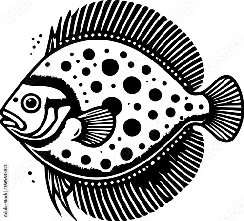 Illustration of a spotted flatfish with detailed fins and a distinctive circular body pattern design