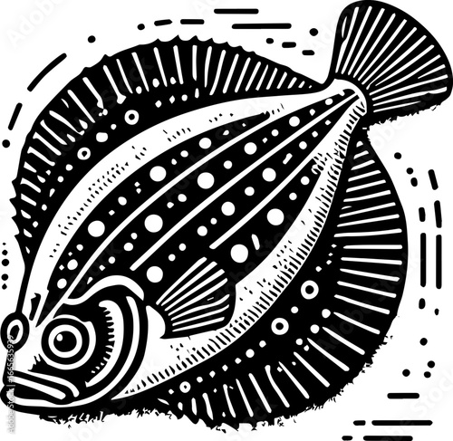 Detailed monochrome illustration of a flatfish with intricate patterns and textures design art