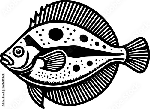 Stylized black and white illustration of a spotted flatfish with detailed fin markings and round body