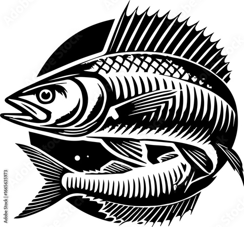 Two mackerel fish swimming in a circle in black and white vector illustration design drawing art image