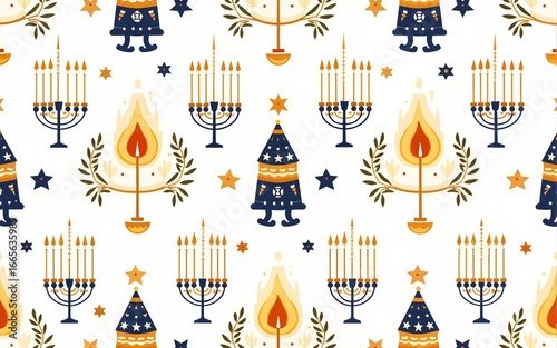 Happy Hanukkah Seamless Pattern with traditional holiday symbols. Jewish holiday Hanukkah vector background. High quality