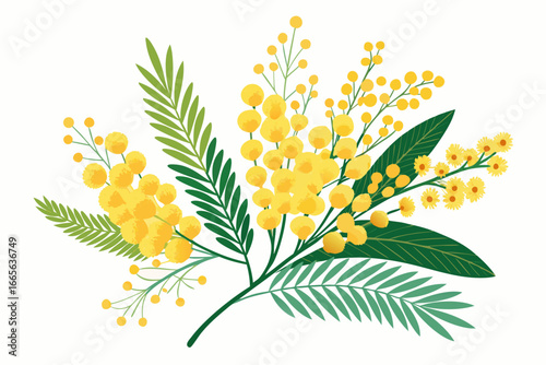 High-quality illustration of a yellow mimosa flower (Acacia dealbata) branch with delicate green fern-like leaves and bright golden blossoms isolated on a white background. Perfect for botanical desig