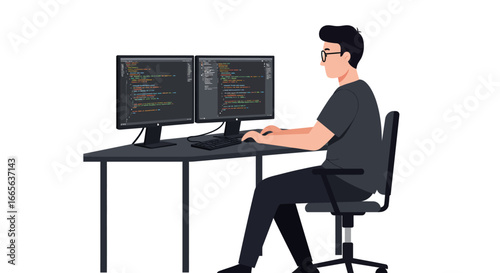 Programmer Working on Code at Dual Computer Monitors.