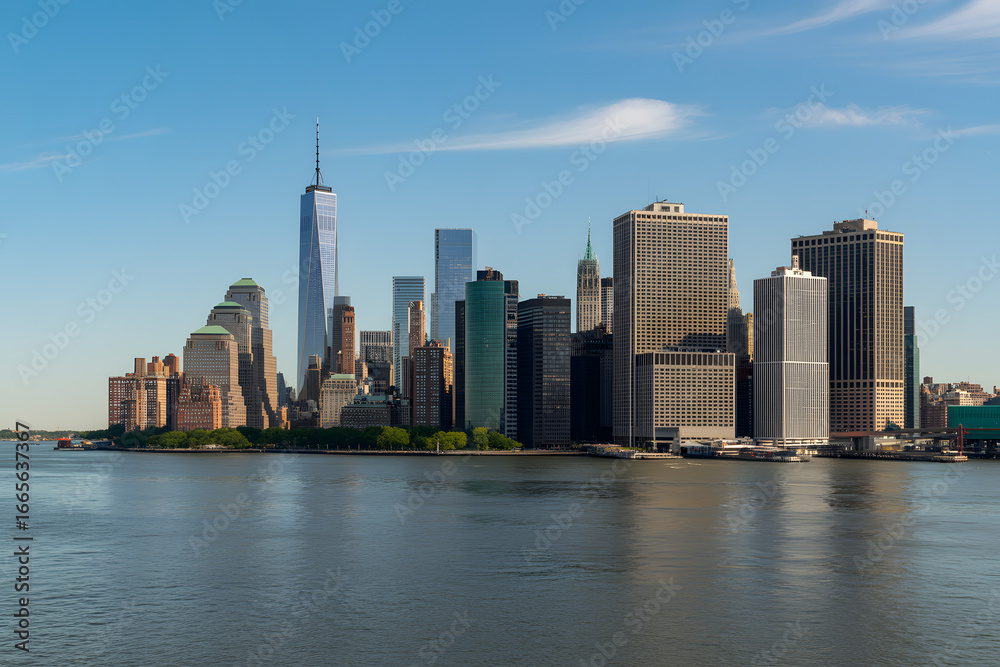 Naklejka premium City Skyline on Water: A breathtaking view of a modern metropolis, with towering skyscrapers reflecting the clear blue sky in the serene water.