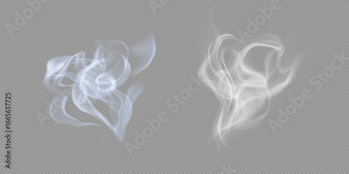 Realistic white cloud or fire smoke in the sky and vector weather element on transparent background. Chimney smoke, fog wave or cloud pattern with overlay effect. Cloud art or smoky air illustration.