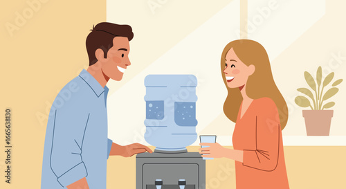 Smiling People Near Water Cooler in Office.