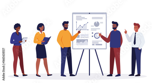 Business Team Presenting Data on Whiteboard Illustration.