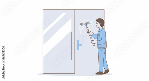 Person Cleaning Glass Door with Squeegee Illustration.