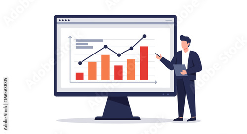 Businessman Presenting Financial Data on Computer Screen.