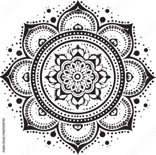 Harmonious Mandala: Intricate, symmetrical, and elegant mandala design with black and white floral and dot patterns, evoking peace, balance, and spiritual connection.