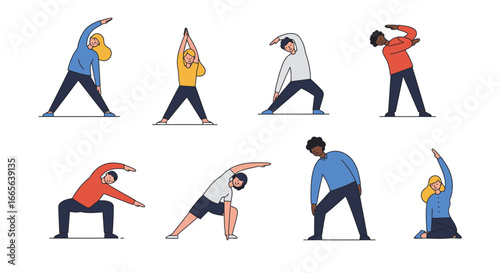 Diverse People Performing Various Stretching Exercises in Illustration.
