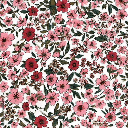 Delicate ditsy blossom pattern with many tiny hand sketched flowers outlined in thin black line featuring soft pink and vivid red petals with fresh green foliage on bright white backdrop stock illustr