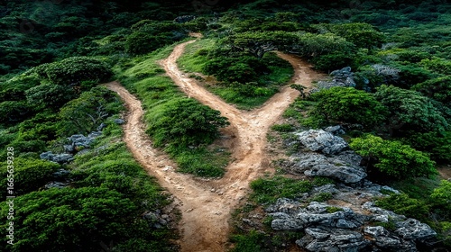 A dirt path splits into three directions surrounded by green foliage aerial view.