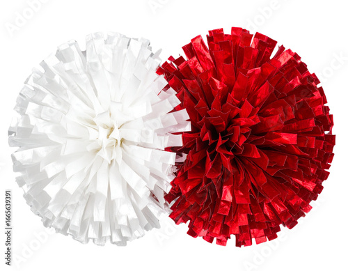Pair of Cheerleading Pom Poms, Red and White, Top-Down Perspective, isolated