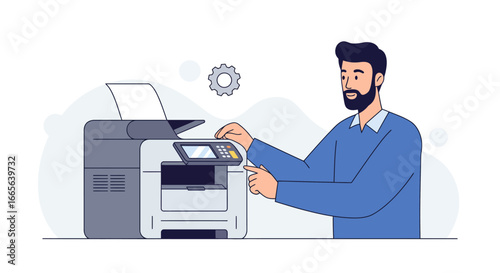 Man Using Modern Office Printer for Printing Documents.