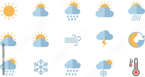 Modern weather icons capture sun, rain, snow, wind, and temperature changes