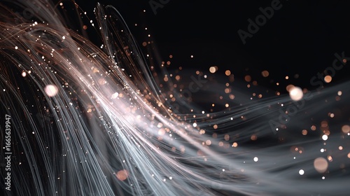 Abstract glowing light trails with sparkle lines on black background, pink and white fabric threads flowing dynamically, modern elegant design