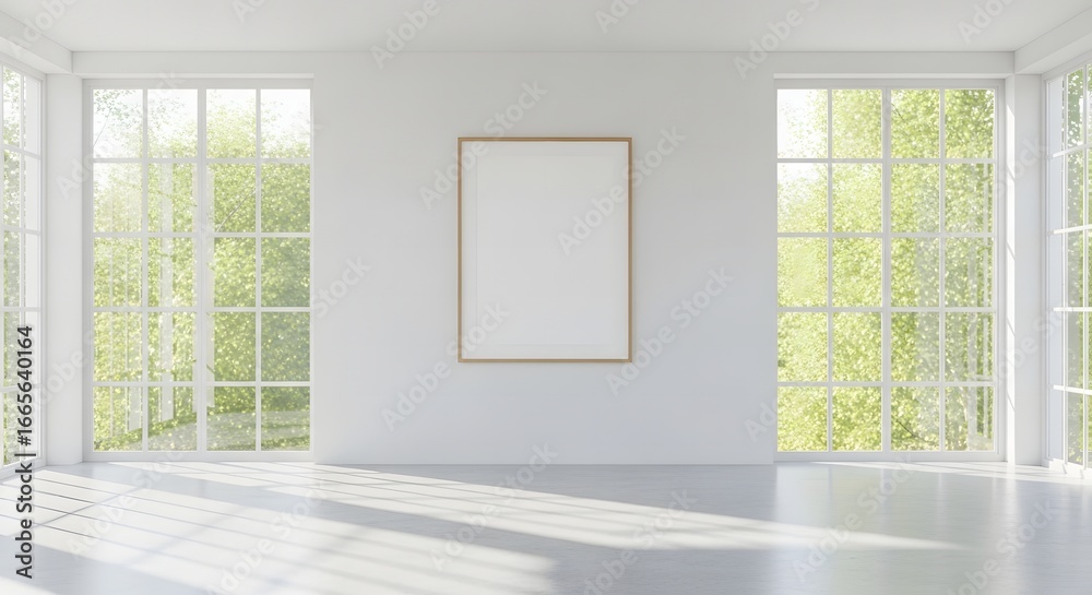 Fototapeta premium Minimalist Interior with Large Windows and a Blank Framed Artwork