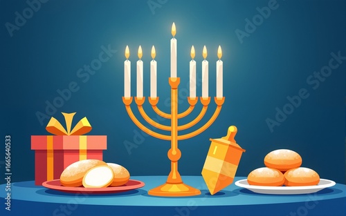 Jewish holiday Hanukkah banner design with menorah, gift box, dreidel and sufganiyot. High quality
