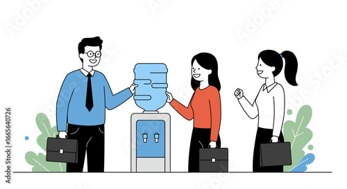 Office Workers Gather Around Water Cooler for Break.
